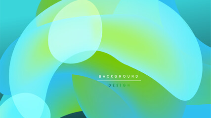 Abstract fluid shapes blend, creating vibrant green, blue gradients. Dark background emphasizes luminous color transitions. Modern design element.