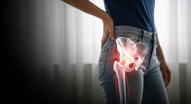 Hip Pain and Anatomy Overlay on Woman, Sciatica, Arthritis, or Bursitis Symptoms