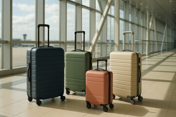 Stylish travel luggage set arranged in modern airport terminal creating wanderlust and adventure travel inspiration