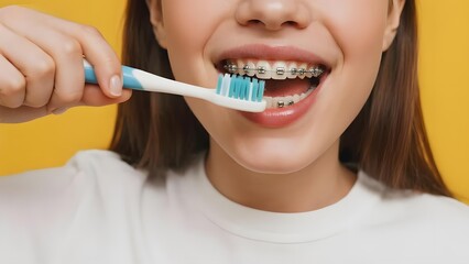 Person brushing teeth with braces, focusing on oral hygiene