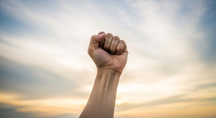 Power in Unity Raised Fist Against a Sky of Hope and Solidarity with Expression of Strength