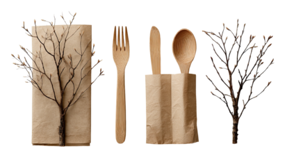 Natural, eco-friendly disposable tableware, wrapped in kraft paper, with decorative twigs and small branches