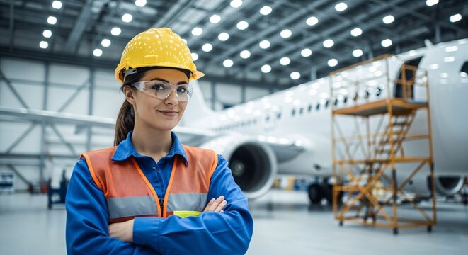 Confident Engineer Woman in Aviation Maintenance Hangar with Airplane and Safety Gear
