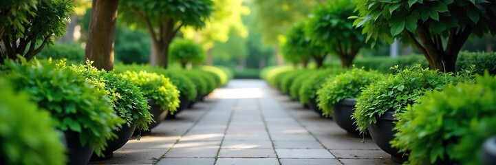 Lush green foliage overflowing from planters lining a paved walkway, creating a vibrant, natural border Perfect for garden, landscaping, and urban design projects , pavement, lane