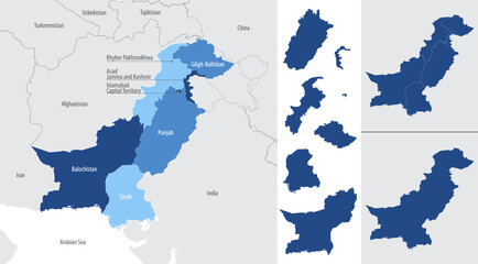 Detailed, vector, blue map of Pakistan with administrative divisions country