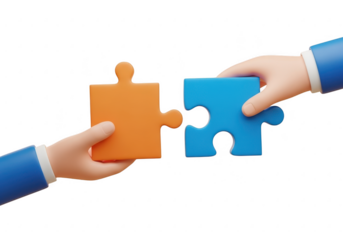 Hands connecting puzzle pieces isolated on transparent background