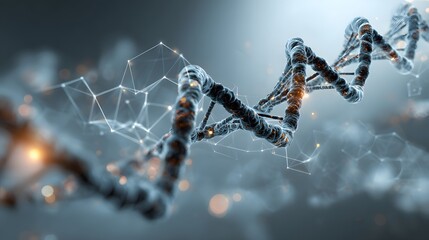 Abstract DNA Strand with Glowing Nodes and Connected Network Lines on Soft Blue Background.