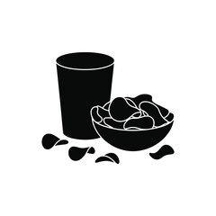 Simple black and white illustration of a glass of drink next to a bowl of potato chips
