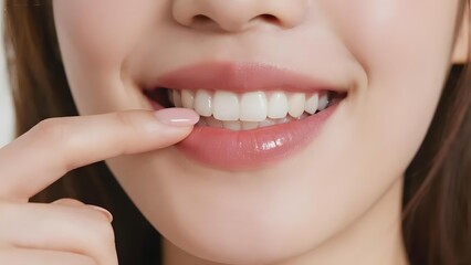 Obraz premium Close-up of a person gently touching their lower lip, showcasing a bright smile with white teeth.