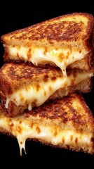 Stack of Grilled Cheese Sandwiches Drizzling Melted Cheese Close Up Studio Shot on Black Background Delicious Comfort Food