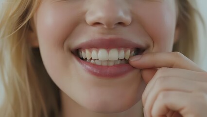 Fototapeta premium Close-up of a person smiling and pointing to their teeth, emphasizing dental health.