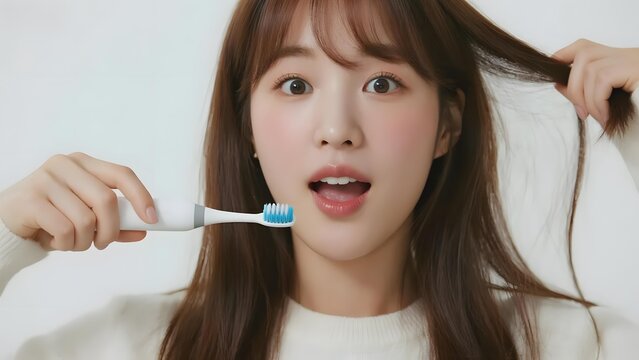 Person holding a toothbrush near their mouth, appearing to demonstrate brushing technique