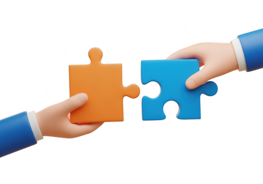 Hands connecting puzzle pieces isolated on transparent background