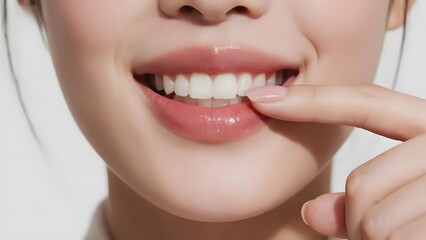 Fototapeta premium Close-up of a person pointing to their bright, healthy teeth with a finger