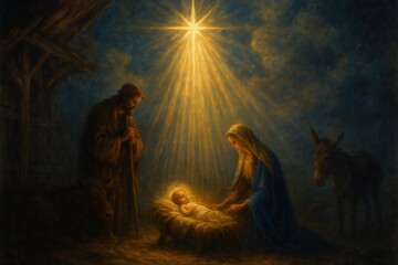 Sacred Christmas star illuminating the holy nativity scene with divine celestial radiance