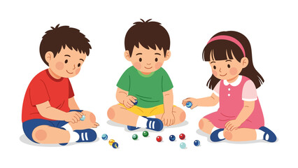 Children playing Marble: A charming illustration of three children, engrossed in a game of marbles. The kids, each absorbed in their playful activity.