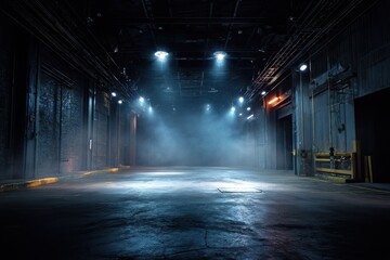 Empty Warehouse Interior with Fog and Spotlights Industrial Building Wide Angle Shot