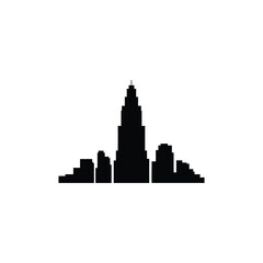 Obraz premium Black silhouette of a modern city skyline with a prominent central skyscraper against a white background