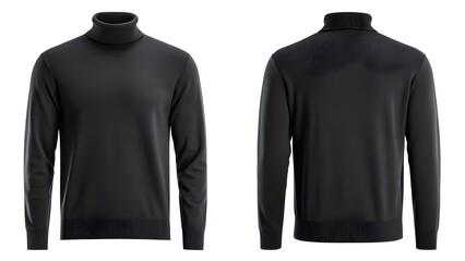 Black turtleneck sweater mockup with front and back views. High-resolution apparel template for clothing design and branding presentation