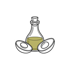 Hand drawn illustration of a glass bottle filled with avocado oil next to two halves of an avocado