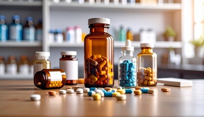 Pills, bottles, healthcare, table, background, Generated with AI.