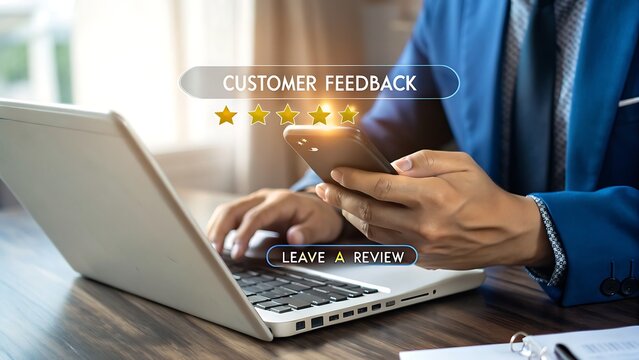 A businessman is checking customer feedback on his mobile phone while working on a laptop, with a customer feedback rating and a leave a review button displayed as a digital overlay