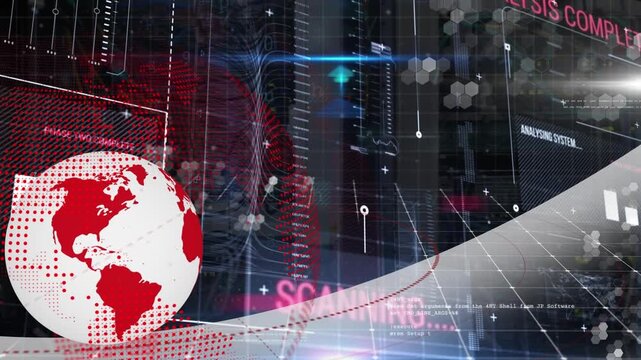 Animation of infographic interface with rotating globe and computer programming language