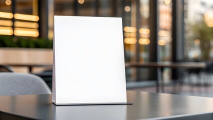 Blank white menu sign mockup on a table at an outdoor cafe with blurred background, perfect for food and drink promotion