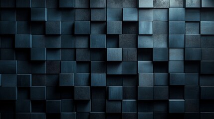Sophisticated Dark Blue Geometric 3D Cube Grid Background with Varied Textures and Dynamic Lighting, Offering a Modern and Abstract Volumetric Pattern Ideal for Digital Design and Wallpaper.