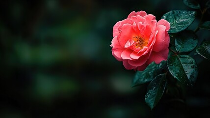 Fototapeta premium Close-up of Pink Rose in Garden with Soft Focus, Dark Green Leaves, Valentine's Card Material 