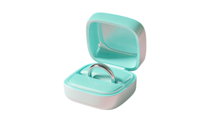 Mint-green jewelry box with a simple silver ring inside.  The box is square and has a slightly frosted, gradient appearance.  The ring is a plain band