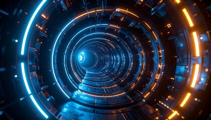 A circular chamber with concentric glowing rings and warped metallic walls bending space and time.