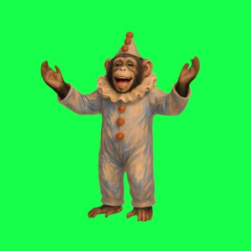 Chimpanzee clown costume vibrant animation, transparent 4K video, green screen