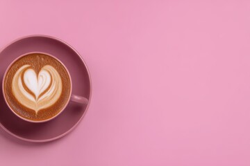 Latte art heart in pink cup on saucer flat lay against pink background studio shot minimalist style