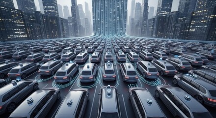Autonomous Electric Cars Parking in Futuristic City with Skyscrapers