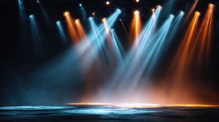 Stage Lighting: Blue and Orange Beams Illuminate Empty Stage