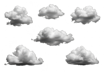 Collection of fluffy white and gray clouds isolated on transparent background