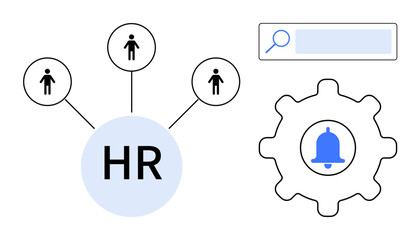 Obraz premium HR workflow with connected user icons, a settings cogwheel featuring a bell, and a search bar. Ideal for HR, recruitment, process automation, management, notifications, collaboration and simple