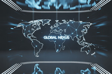 Futuristic digital world map with glowing connections and data streams in a dark environment