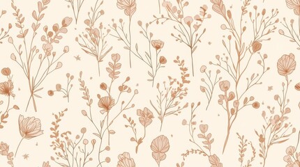 Obraz premium Minimalist Boho Botanicals. seamless vector pattern in a minimalist, bohemian style. The design features delicate, hand-drawn botanical elements such as dried leaves, abstract flowers, and branches