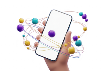 Hand holding smartphone with orbiting spheres and lines isolated on transparent background