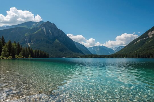 Bright day by a mountain lake in a scenic alpine region
