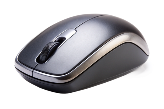 Sleek metallic wireless computer mouse isolated for clear product presentation transparent background