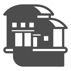 Building with warehouse solid icon, manufacturing logistic concept, hangar with gate and road sign on white background, glyph style icon for mobile and web design. Vector graphics.