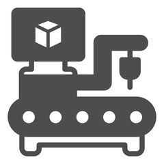 Conveyor, robotic arm, drill, remote control monitor solid icon, manufacturing concept, robot hand sign on white background, glyph style icon for mobile and web design. Vector graphics.