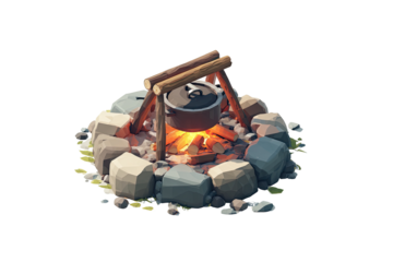 Low-poly campfire scene with cooking pot