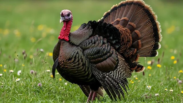 Wild Turkey strutting in green meadow with vibrant wildflowers, showcasing vivid colors and