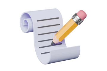 3d illustration of a pencil writing on a scroll of paper