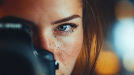Intriguing Gaze: A Close-Up Portrait of a Woman with a Camera