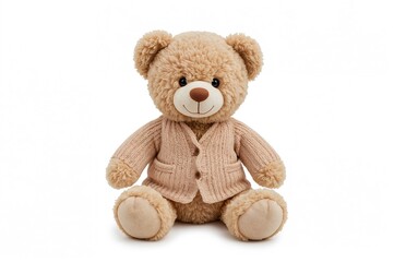 Obraz premium Stuffed bear dressed in a knitted sweater against a plain white backdrop